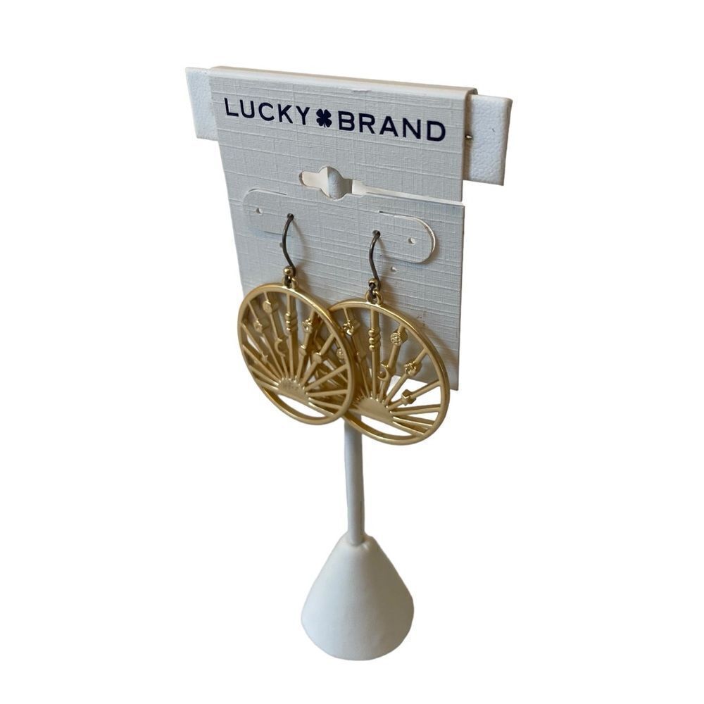 Matte Gold Toned Sun-Ray Circular Hoops. - Picture 3 of 5